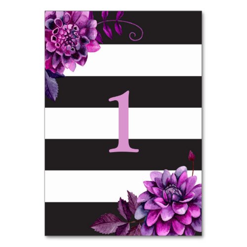 Black and white wedding Watercolor purple floral Table Number