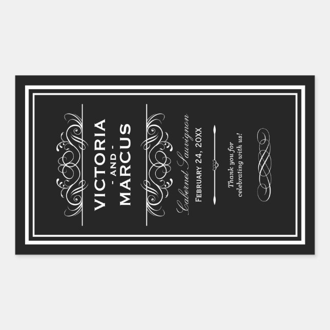 Black and White Wedding Wine Bottle Monogram Favor Rectangular Sticker (Front)