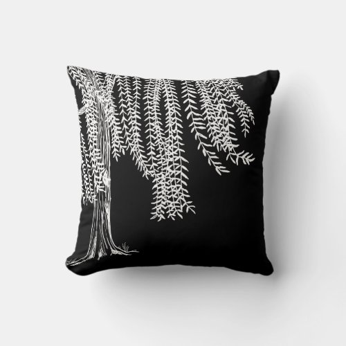 Black and white Weeping Willow Tree Throw Pillow