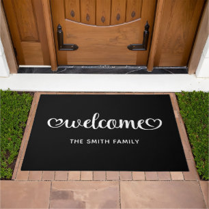 Black and White Welcome Cute Hearts Script Doormat