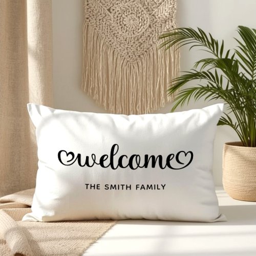 Black and White Welcome Cute Hearts Script Lumbar Pillow