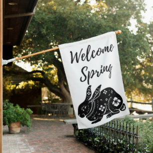 Black and White Welcome Spring Floral Rabbit House Flag