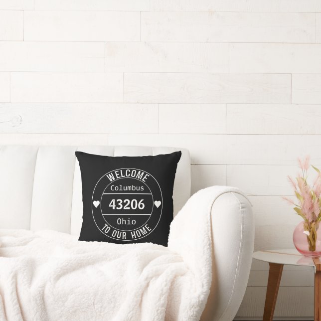 Black and White Welcome to Our Home Zip Code  Throw Pillow (Couch)