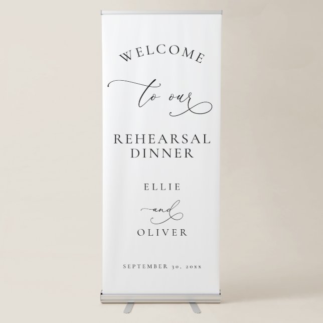 Black and White Welcome to our Rehearsal Dinner Retractable Banner (Front)