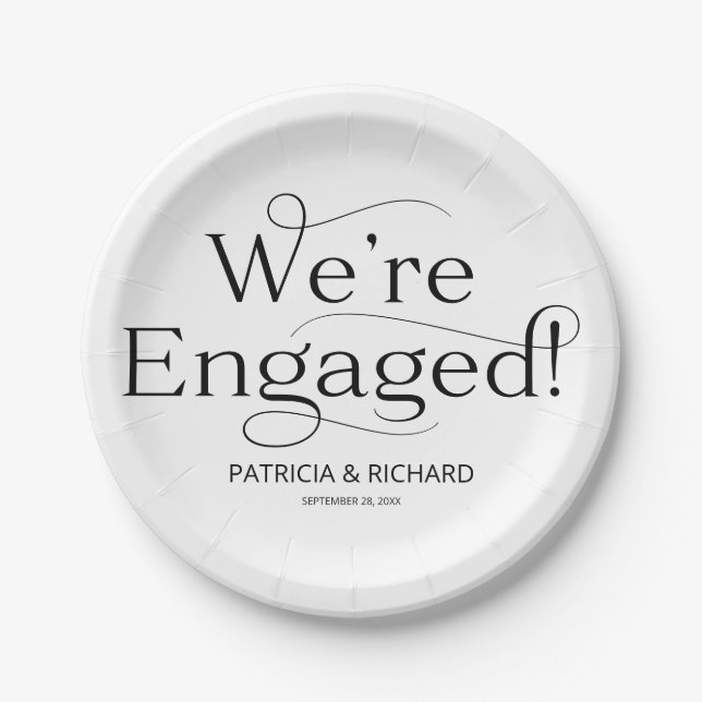 Black And White We're Engaged Engagement Party Paper Plates (Front)
