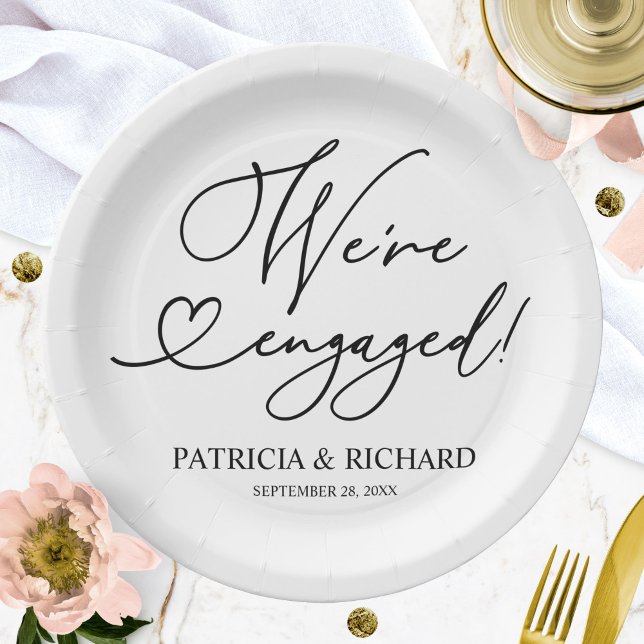 Black And White We're Engaged Engagement Party Paper Plates (Creator Uploaded)