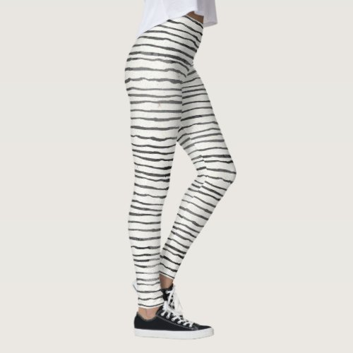 Black and White Whimsical Boho Horizontal Stripes Leggings