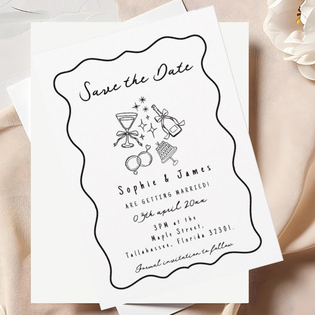 black and white Whimsical Doodle Trendy Wedding Invitation (Creator Uploaded)