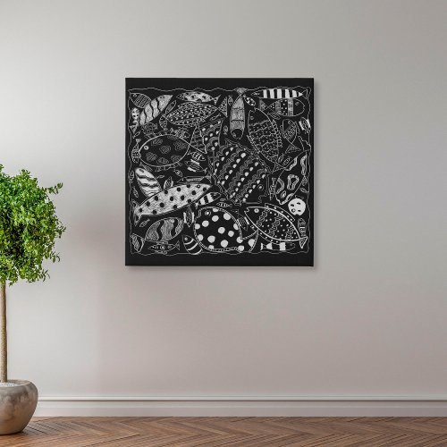 Black And White Whimsical Fish Pattern Modern  Faux Canvas Print