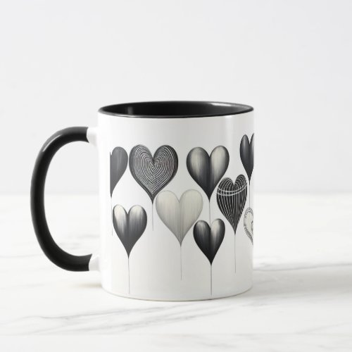 Black and White Whimsical Heart Mug Design