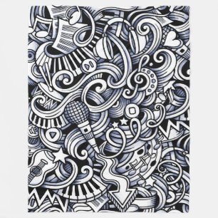 Black and white whimsical music themed fleece blanket