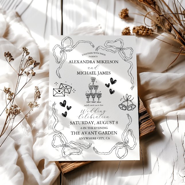 Black and white Whimsical Retro Doodle Art Wedding Invitation (Creator Uploaded)