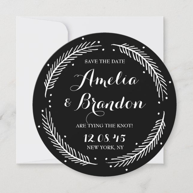 Black and White Whimsical Winter Wreath Wedding Save The Date (Front)