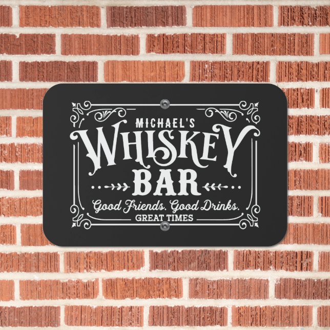 Black and White Whiskey Bar Metal Sign (In Situ(Brick))