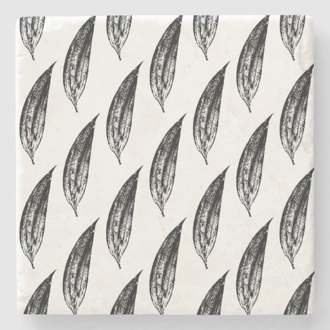 Black and White White Lily Leaf Print Stone Coaster (Front)