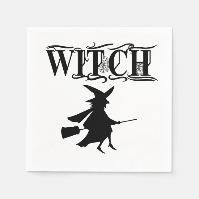 Black And White Wicked Flying Witch Halloween Napkins (Front)