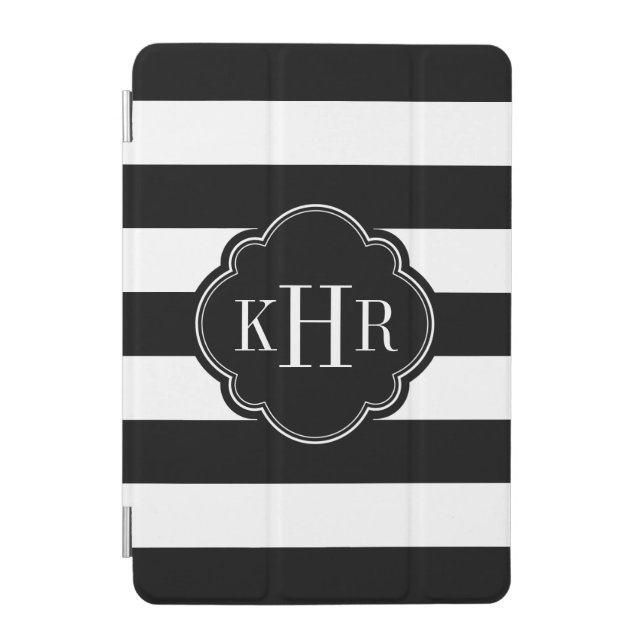 Black and White Wide Stripes Monogram iPad Mini Cover (Front)