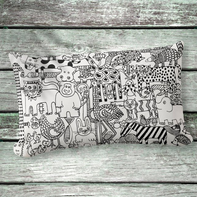 Black and White Wild Animals Hand Drawn Art Lumbar Pillow (Creator Uploaded)