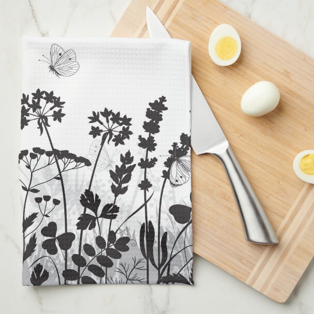Black and White Wild Flowers  Kitchen Towel (Quarter Fold)