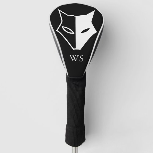 Black and White Wild Fox Head Monogram Initial Golf Head Cover