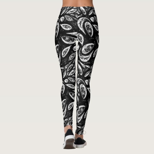 "Black and White Wild Swirls" Yoga Pant Leggings (Back)