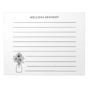 Black And White Wildflower Custom Name Lined Notepad