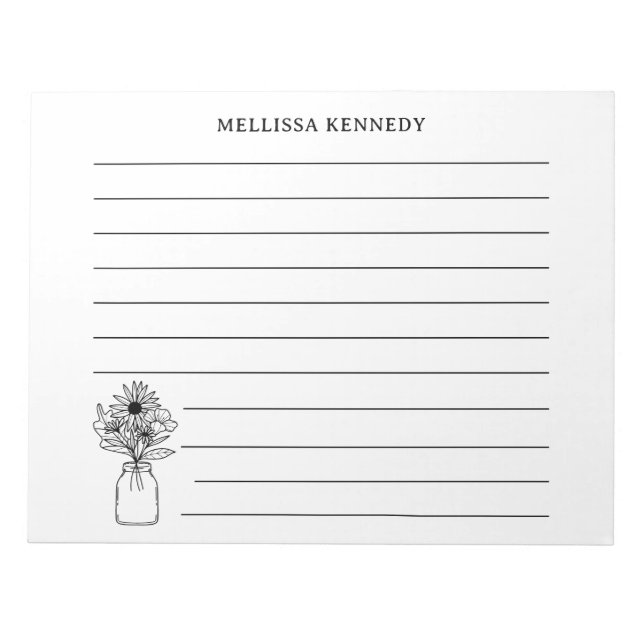 Black And White Wildflower Custom Name  Lined Notepad (Front)