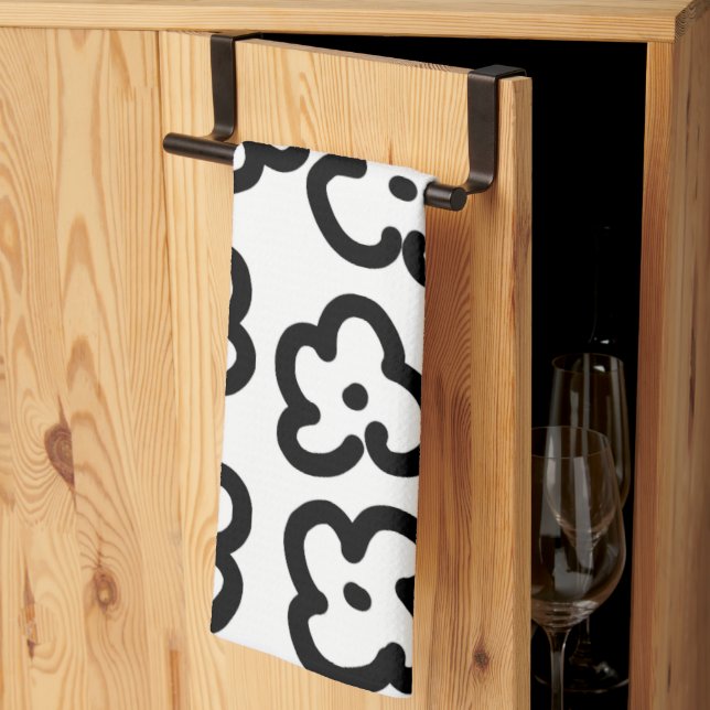 Black And White Wildflower Modern Trendy Design Kitchen Towel (Thirds Fold)