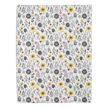 Black and White Wildflower Pattern Duvet Cover