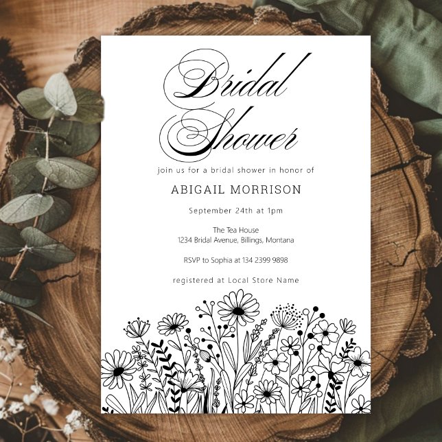Black and White Wildflowers Bridal Shower Invitation (Creator Uploaded)
