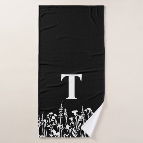 Black and White Wildflowers Floral Custom Initial Bath Towel