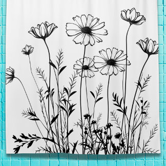 Black And White Wildflowers Line Art Floral Shower Curtain