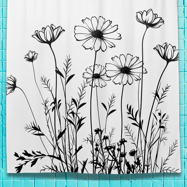Black And White Wildflowers Line Art Floral Shower Curtain (Creator Uploaded)