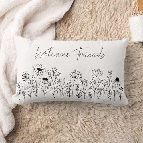 Black and White Wildflowers Line Drawing Flowers Lumbar Pillow