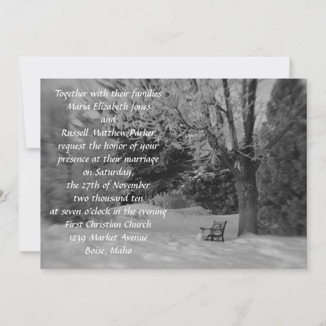 Black and White Winter Bench Wedding Invitation (Front)