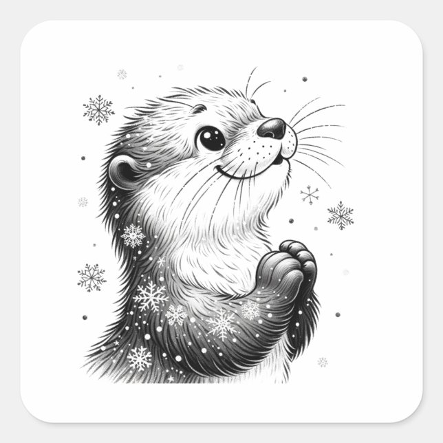 Black and White Winter Otter Square Sticker (Front)