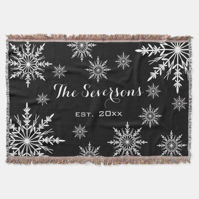 Black and White Winter Snowflakes Throw Blanket (Front)