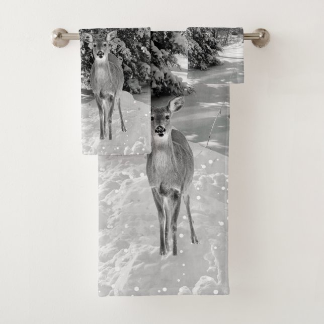 Black and White Winter Wonderland with Deer  Bath Towel Set (Insitu)