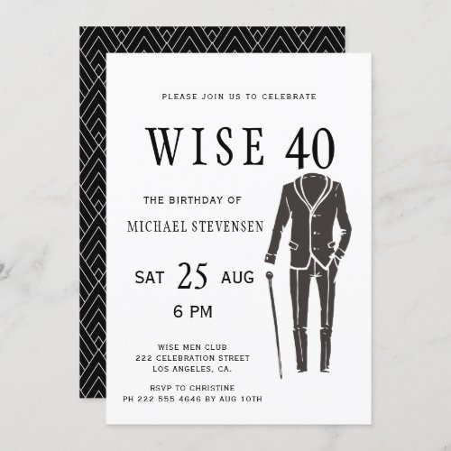black and white wise 40 man birthday party invitation