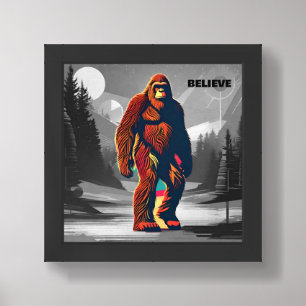 Black and White with Colorful Bigfoot Says Believe Framed Art