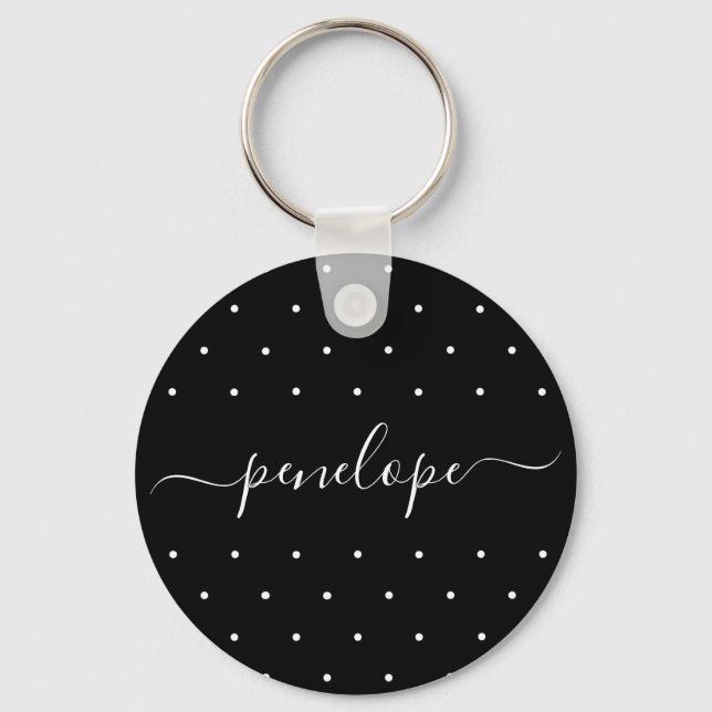 Black and White with Dots and Name Typography Keychain (Front)