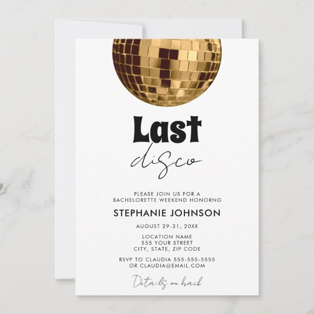 Black and White with Gold Last Disco Bachelorette  Invitation (Front)
