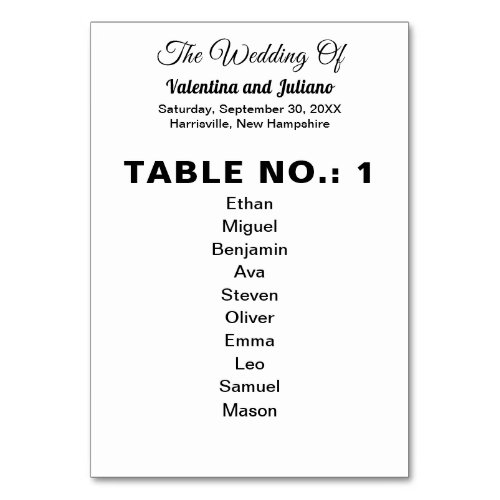 Black and White With Guests Names Wedding Table Number