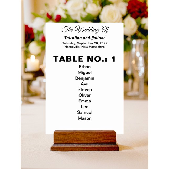 Black and White With Guests Names Wedding Table Number (Black text on white background wedding table number with guests' names)