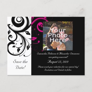 Black And White With Magenta Swirl Accent Announcement Postcard by CustomInvites at Zazzle