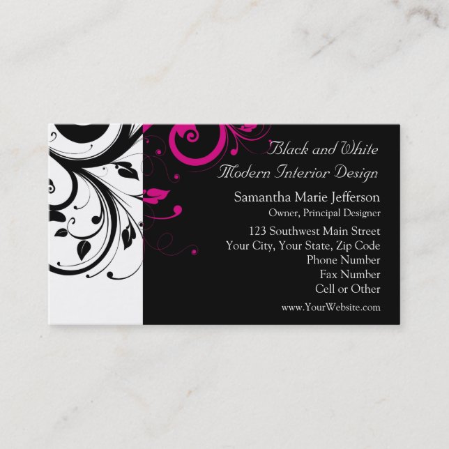 Black and White with Magenta Swirl Accent Business Card (Front)