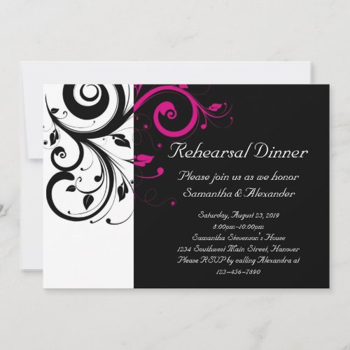 Black and White with Magenta Swirl Accent Invites