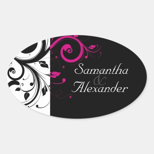 Black and White with Magenta Swirl Accent Oval Sticker