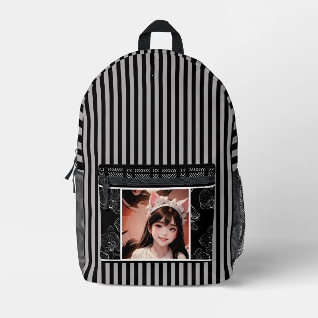 black and white with photo with personalization printed backpack (Front)