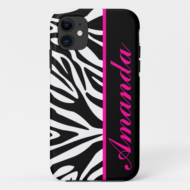 Black and White with Pink Zebra Custom Name Case-Mate iPhone Case (Back)